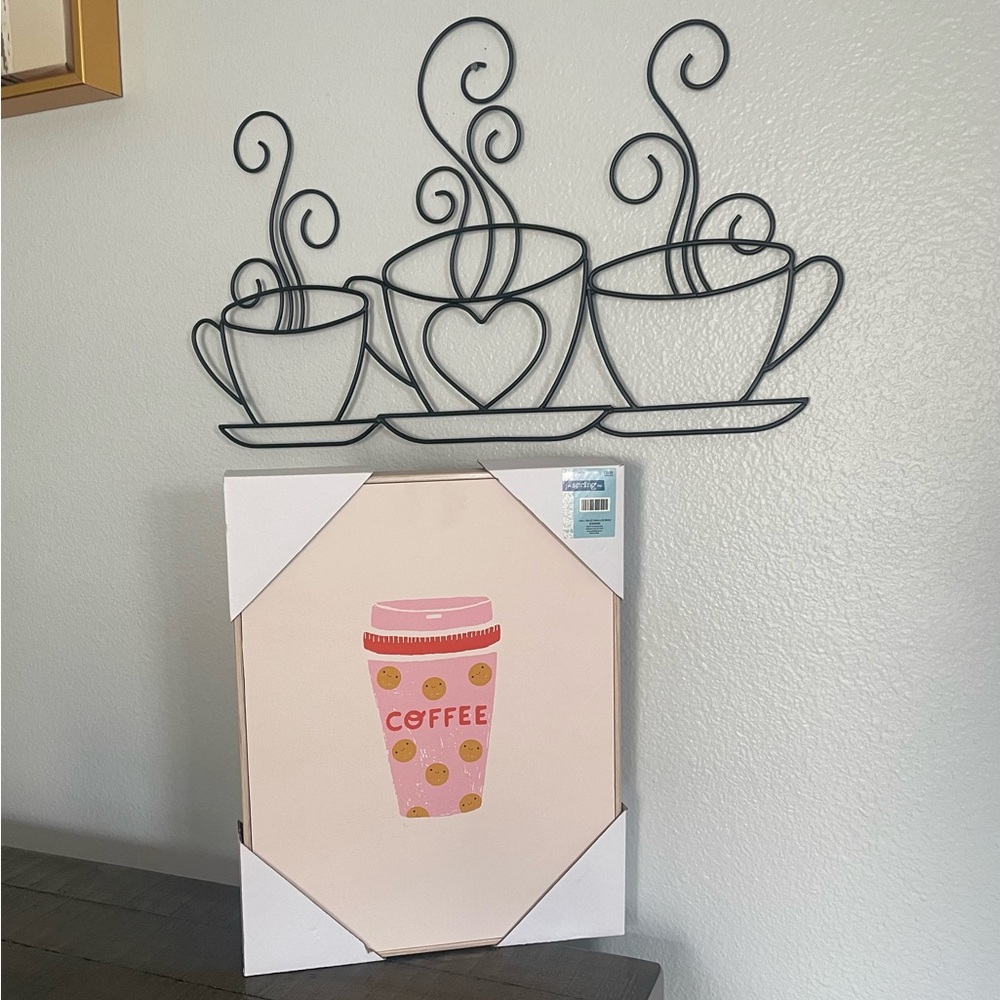 Kitchen coffee decor Framed hardback with pink cup and wire mugs with heart